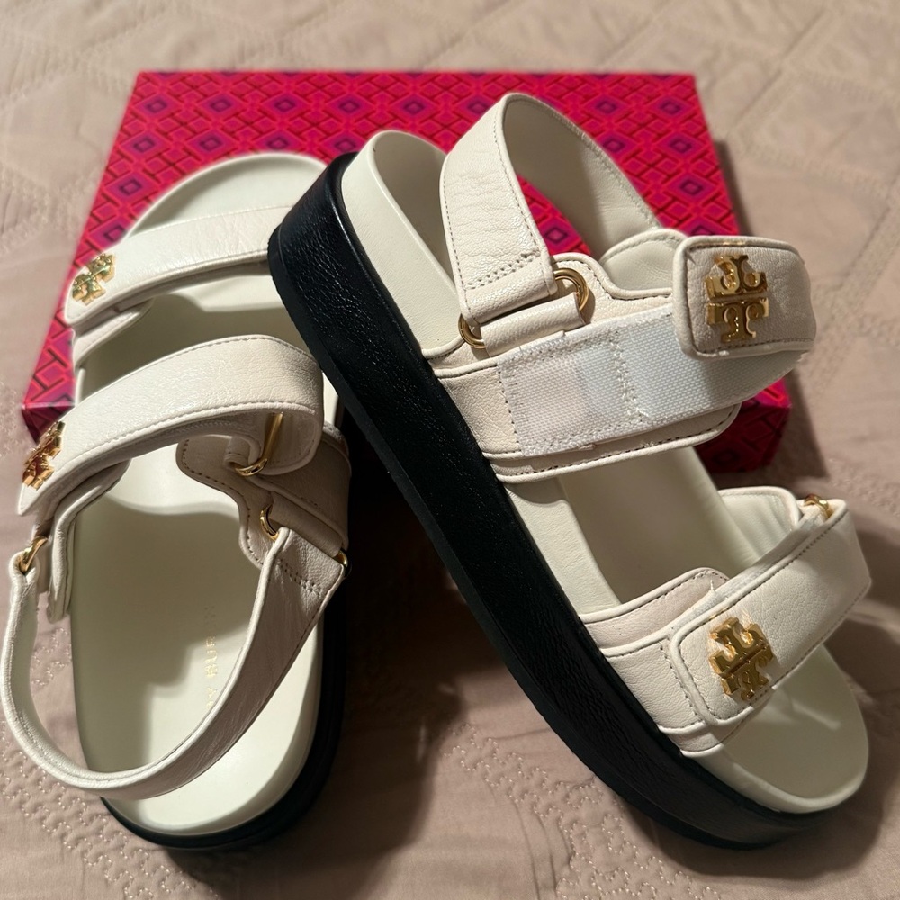 Tory Burch Cream and Black Sandals with Gold Accents